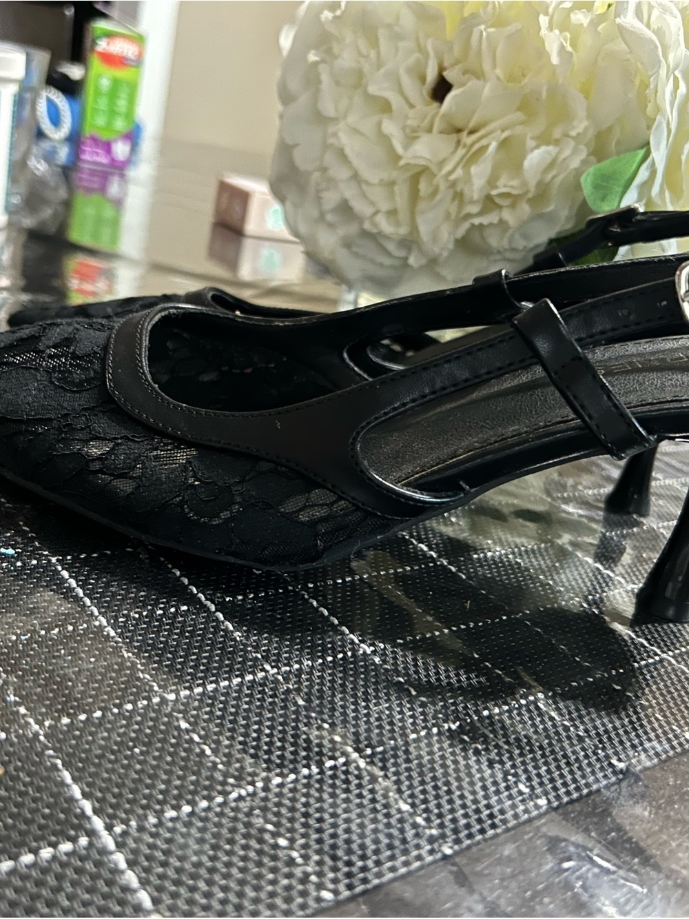 BERNESS Black Lace Pointed Slingback Heels